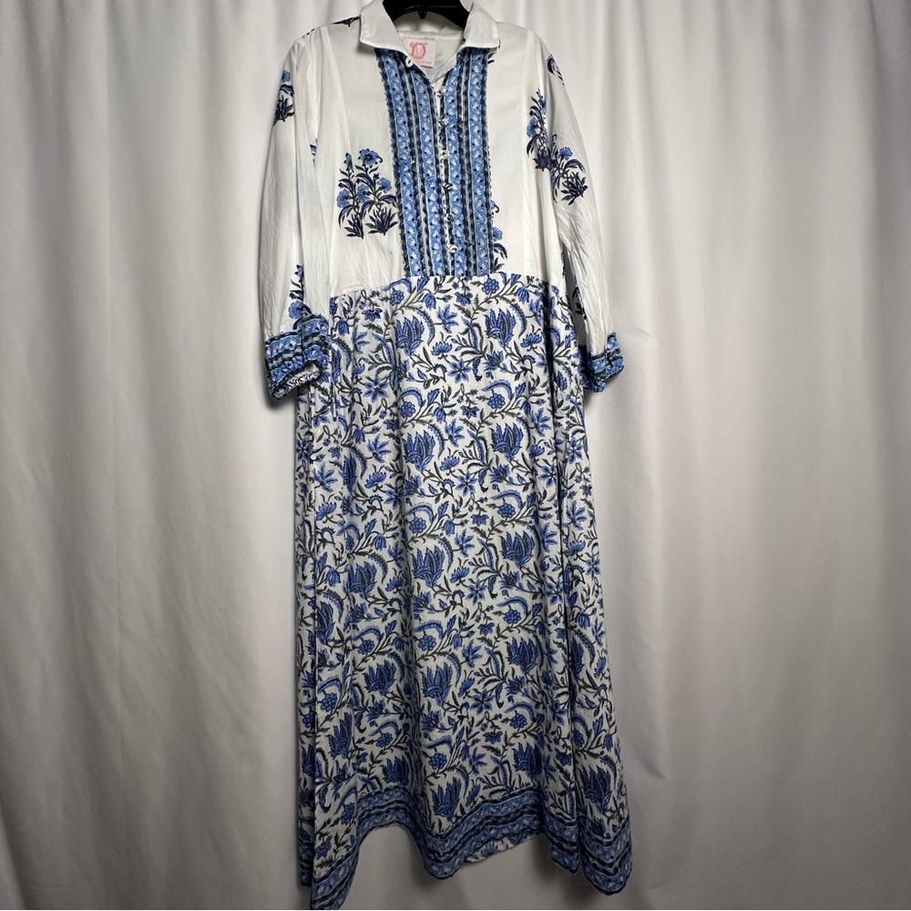 Victoria Dunn Blue & White Floral Midi Dress XS Long Sleeve